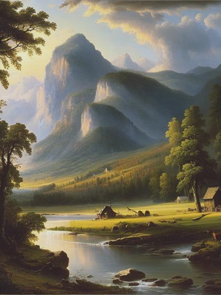 <lyco:WorthingtonWhittredge:1.0> a painting of a mountain scene with a river in the foreground, inspired by Asher Brown Durand, large landscape with village, evening storm, 1852, hideen village in the forest, meadows, camp, men, 1 8 4 8, at a clearing, sunlit, buffalo, breathtaking detail, landscape wide shot, thomas kincaid, rain