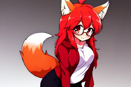 (masterpiece, best quality, highres, absurdres, Amazing, finely detail), (pure background, white background:1.1), solo, (headshot:1.1), looking at viewer, standing, MiaDis, MelStyle, long red hair, fox tail, (red jacket:1.1), black skirt, short skirt, red eyes, circle glasses, blush, smile