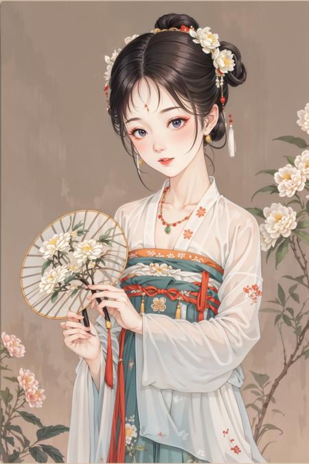 Holding a round fan with a pendant on the handle, the fan is embroidered with peonies, white pear flowers, and azaleas, 1 girl, Tang Dynasty costume,