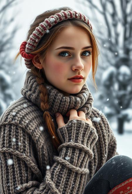 A highly realistic portrait of a 20-year-old girl in a snowy, winter setting. She is dressed warmly, wearing cozy knit leggings, a thick sweater, and woolen socks that reach her calves. Her rosy cheeks and detailed, natural skin reflect the cold, frosty air. Snowflakes gently fall around her, some resting on her clothes and hair. The lighting highlights the texture of her skin and clothing, with a raw, ultrarealistic quality. The background features a serene winter landscape with snow-covered trees and a frosty atmosphere, captured in 8K with intricate details.
