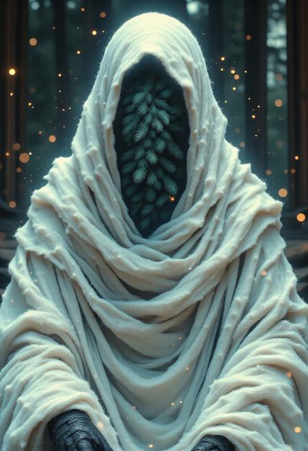 A haunting portrait of a figure draped in a flowing white robe. The figure's face and body are not visible, instead they are replaced by a space filled with countless detailed fir needles. The robe has realistic folds and shadows, giving it a sense of volume and texture. The background is a dark, blurred forest, adding to the mysterious and ethereal atmosphere. The lighting is soft and diffused, highlighting the contrast between the white robe and the dark, countrless fir needles. Emphasize the texture of the fabric and the fir needles