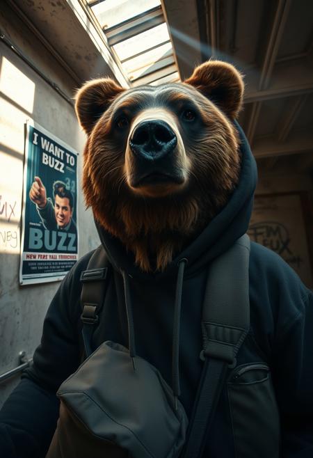 Closeup of an anthro grizzly bear urban explorer wearing a black hoodie exploring an abandoned library around noon. The bear is carrying a backpack with a sleeping bag. On the wall there is a propaganda poster titled "I WANT YOUR BUZZ". In the background there is a spray painted "FLUX" logo on a wall. The air is dusty and rays of light can be seen shining from the ceiling windows. Highly detailed high contrast photograph with high dynamic range and vibrant shadows and light.
