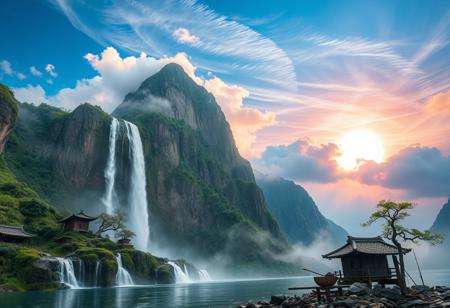 there is a tall waterfall, majestic water fall, the water fall is coming out of a mountain, Chinese mountains, there is moss growing on the mountains, small bonsai trees on the mountain, water mist, sun in the sky, sun behind clouds, water basin at base of cliff, small hut at base of cliff, small hut next to water fall, fishing rack, fishing polls, basket, fishing spot on shore, shore,  clouds, swirling, vivid colours, blue, orange, pink, sky, ancient, overgrown, landscapes, intricate details, background colourful, cloud streams, dynamic, vibrant colours, high quality, detailed, realistic, beautiful, extreme detail, hyper realistic, dynamic light, expressive, digital media (artwork), hi res, masterpiece, RAW, photo, 8k, very sharp, very detailed, realistic, real, cinematic view, shaded, detailed shading, shading,