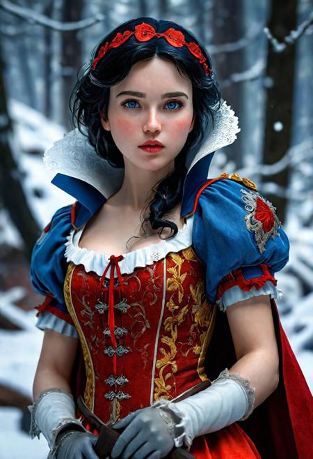 High resolution ultra-realistic of Beautiful Snow White warrior, Fantasy style, 8k, capturing the intensity of the moment, dramatic lighting, standing on a bloody and stormy battlefield in a fighting pose, fire, intricately designed iron armor, red skirt, perfect athletic figure, beautiful Warrior Swow White, fire, dirty face, ultra realistic, cinematic style, athletic figure, dark fantasy, covered in dirty and blood, cinematic colors Lighting, extremely detailed, 8K, wavy black hair, realistic dirty bloody pale face, realistic blue eyes, beautiful Snow White on in cool outfit, hyper-detailed, hyper-realistic, bright colours, Attractive 21 old years girl, Attractive, beautiful firm Breasts, sharp focus, digital painting, Photograph Taken on Nikon D750, Alphonse Mucha, 8K, athletic figure, Hyperdetailed, hyperrealism, Attractive, Attractive bust girl, asymmetric balance