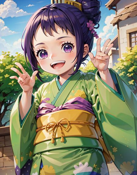 TamaOP green kimono, purple eyes, purple hair, hair ornament, hair bun