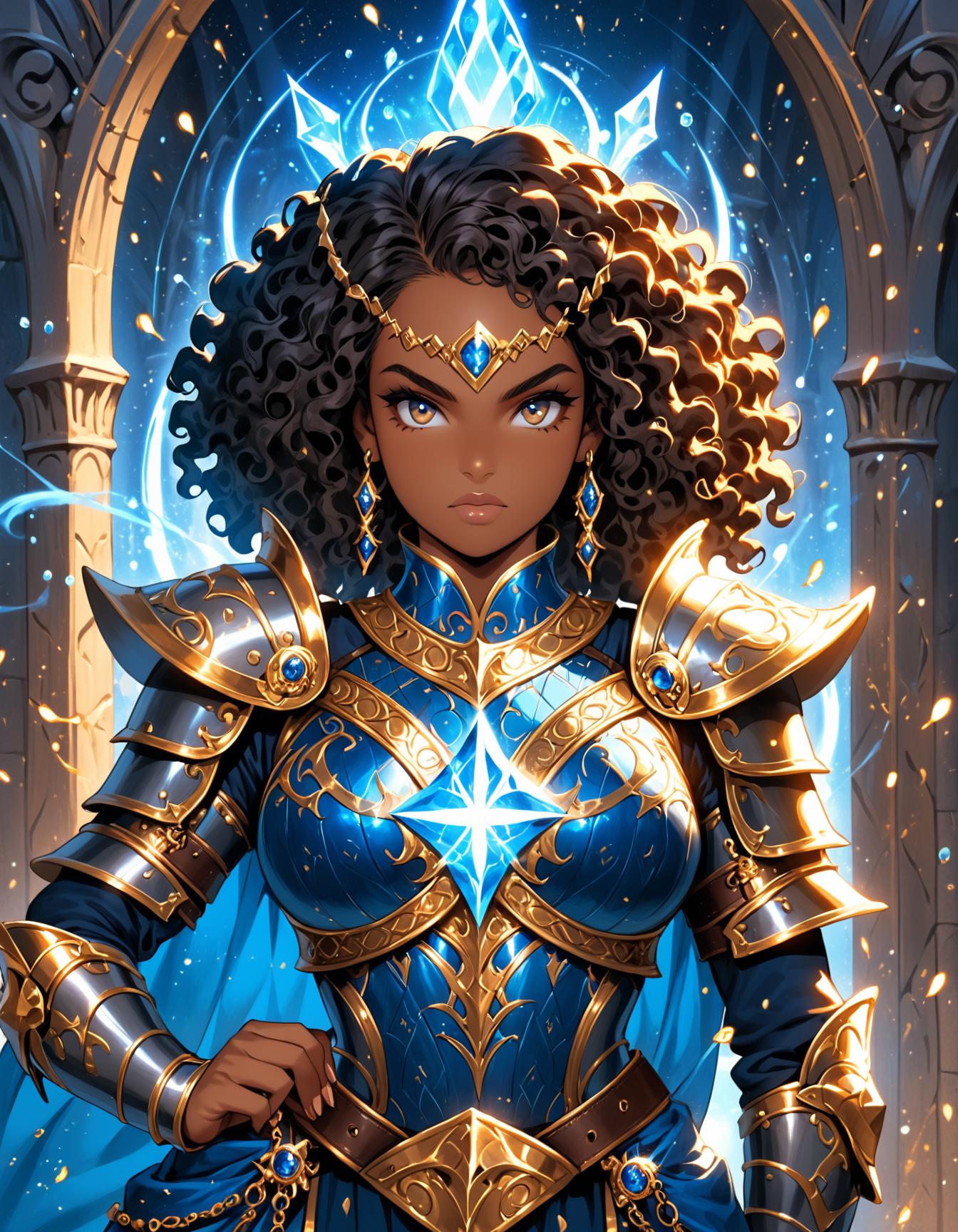 dark-skinned warrior woman, curly hair, intricate blue and gold armor, glowing blue gems, medieval fantasy, ornate armor, regal warrior, detailed face, highly detailed, full body armor, blue and gold aesthetic, serious expression, heroic stance, magic runes, highly detailed background, magical aura, glowing gems, fantasy setting, majestic pose