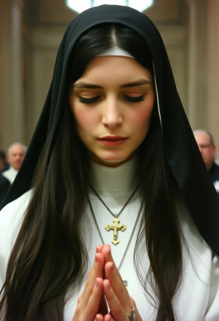 Authentic share, amateur quality distant phone photo in bad resolution of a nun with pale skin and long flowing dark hair praying in St. Peter's Cathedral. She wears no jewelry except for a single crucifix around her neck. The image is slightly grainy and out of focus, with visible noise, emphasizing its candid and impromptu nature. 
Her presence exudes elegance, mystery, and intensity captured in a spontaneous moment with imperfect lighting that adds to the overall charm of the snapshot.