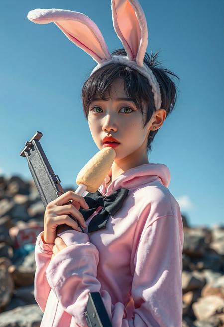 DSLR-style, slender, elegant 26-year-old Korean model, translucent pale skin with natural texture, soft shadow on cheek, diffused daylight from side, parted lips, clean background, solo, masterpiece, ultra high-res  
<lora:NOOB_vp1_detailer_by_volnovik_v1:1>
barely visible pores, subtle skin texture variation, translucent skin tone
score_9, score_8_up, score_7_up, score_6_up, score_5_up, masterpiece, very aesthetic, absurdres, blurry, chromatic aberration, detailed face, highly detailed, detailed background, (sharp lineart:1.4), (anime coloring:1.2), <lora:spo_sdxl_10ep_4k-data_lora_webui:0.6>, <lora:jun:0.58>, <lora:4df:0.44>, <lora:Bongfill-guy90-IllustriousV1:0.55>,<lora:hirune_style:0.66>, 4df, hirune style, lifnob, jun, 1girl, short girl, solo, short hair, spiky hair, white streaked hair, dark hair, emerald green eyes, plump lips, small breast, small waist, large thighs, scar on left eye, sweat, pink bunny suit, pink bunny ears, black bow tie, chain, holding a rifle, ice cream in mouth, looking at viewer, rocks, graffiti, background, sunny day, blue sky, cloud,