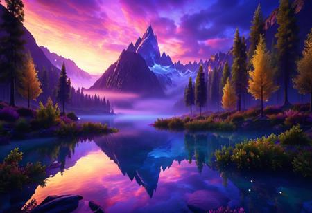 (masterpiece:1.5), unreal 8k wallpaper, unity 8k wallpaper, score 9, score 8 up, score 7 up, masterpiece_portrait, extreme quality, reflection, surface reflection, dynamic lighting, Cinematic style, cinematic quality, ((no humans, no people)), photorealistic, realistic, a spectrum of iridescent colors, precise, fractal design, flowing curves, precision, colorful, fractal geometry, harmonic interference, digital illustration, photo manipulation, altered realities, fantastical scenes, digital artistry, striking visuals, sharp focus, detailed background, light reflection, futuristic and fantasy of boundless opportunities and architecture, a beautiful and mysterious landscape, The scene is set at twilight with the sky painted in deep purples, blues, and hints of gold from the setting sun, In the foreground a tranquil lake reflects the twilight colors, mystical glowing trees , Mist rises gently from the water's surface adding an ethereal quality, In the distance a towering mist-shrouded mountains loom their peaks obscured by low-hanging clouds, The landscape is dotted with glowing plants that emit a soft enchanting glow casting a surreal light on the surroundings, A narrow winding path leads into a dense shadowy forest inviting the viewer to imagine what lies within, The overall atmosphere evokes a sense of magic, mystery, and untouched natural beauty, (extreme high fantasy), (close up) (absolutely magnificent and mysterious alien world), (luminescent water), reij-snrs
