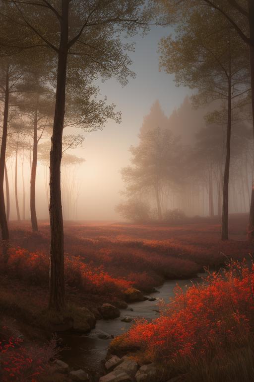 A Foggy Forest with Orange Flowers and a Stream