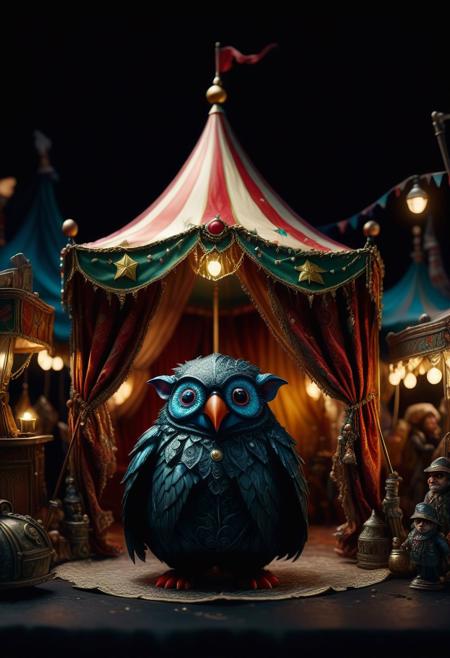dark, night, town, puppet elf with fluffy material, a miniature theatrical scene with a circus tent, cozy, warm, black background, raw, detailed texture, the smallest details, absurdres, hyper-detailed, highest resolution, 4K