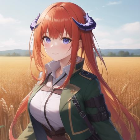 (masterpiece, best quality:1.2),illustration,8k,hd,absurdres,sky,wheat field,1girl,solo,upper body,(portrait:1.2),bangs,orange_hair,smile,purple_eyes,dragon_horns,black thighhighs,very_long_hair,blush,large_breasts,black_gloves,green_jacket,long_sleeves,looking_at_viewer,shirt,red_skirt,blue_eyes,plaid skirt,<lora:Bagpipe(ark)>,