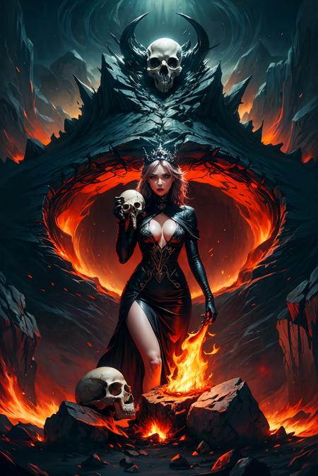 demonic queen messy hair, [red | white] hair,  [orange | purple] eyes, horrific long laced [gold | black] dress, medium breasts, ((holding [human | creature] skull )), in hell, molten lava, rocks, [creature | human] skulls, (illustration:1.1), (perfect details:1.1), landscape, background, abstract, hard lighting, rim lighting,  (8k) (best quality:1.4), (masterpiece:1.3), ultra-detailed  <lora:add_detail:1>   <lora:epi_noiseoffset2:1>