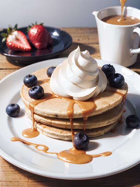 no humans, plate, pancake, honey, whipped cream, strawberry, blueberry,