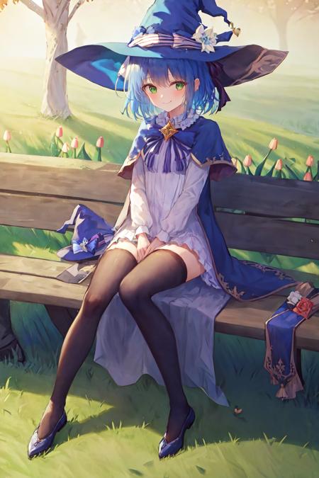 masterpiece, best quality, sharon, 1girl, witch hat, blue hair, green eys, full body, sharon, 1girl, witch hat, blue hat, blue robe, smile, blue hair, brooch, flower hat decoration, blue ribbon, small dress, white dress, blue bow, green eyes, outdoors, sitting on bench, bare legs, tulip, brooch, flower fields,  upper body, hand, nervous smile, zettai ryouiki,