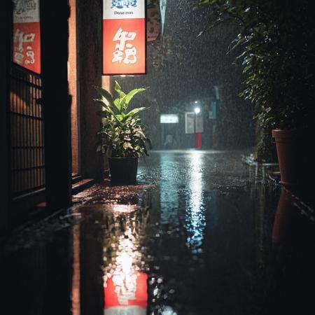 radiant darkness, scenery, sign, night, outdoors, no humans, building, reflection, dark, water, rain, light, puddle, road, street, potted plant, <lora:Radiant_Darkness:1>