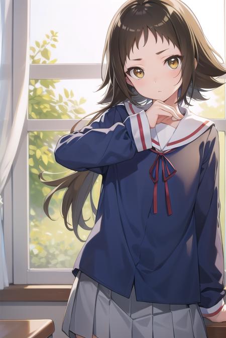 mashiromitsumine, <lora:mashiromitsumine-lora-nochekaiser:1>,
mashiro mitsumine, (brown eyes:1.5), brown hair, ponytail, (flat chest:1.2),
BREAK grey skirt, long sleeves, neck ribbon, red ribbon, ribbon, sailor collar, school uniform, skirt, white sailor collar, (blue shirt:1.5),
BREAK looking at viewer, full body,
BREAK indoors, classroom,
BREAK <lyco:GoodHands-beta2:1>, (masterpiece:1.2), best quality, high resolution, unity 8k wallpaper, (illustration:0.8), (beautiful detailed eyes:1.6), extremely detailed face, perfect lighting, extremely detailed CG, (perfect hands, perfect anatomy),