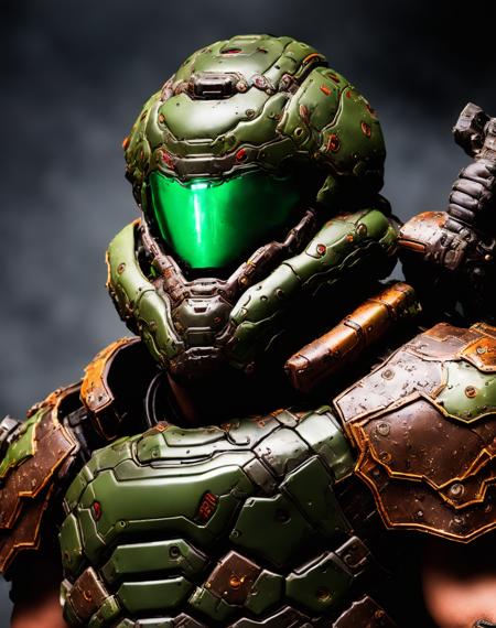 award winning portrait of a man in a green and brown armor, the only thing they fear is you, rip and tear until it is done, he is doom, the slayer's time is now, close up, 80mm, f/1.8, dslayer,  <lora:DOOM21:1>