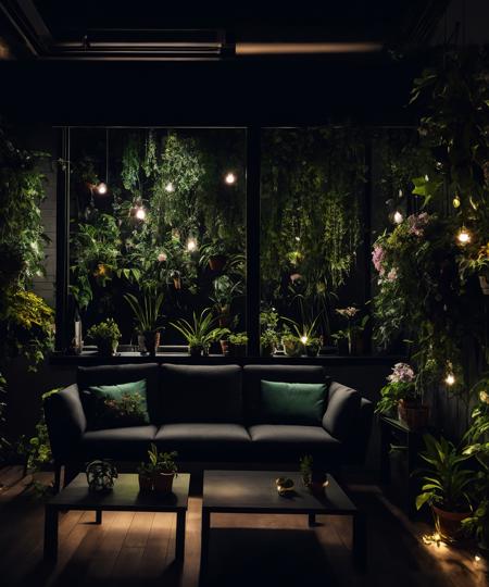 <lora:LowRa:0.7> a photo of a solarpunk living room with lots of flowers and plants, dark theme, evening