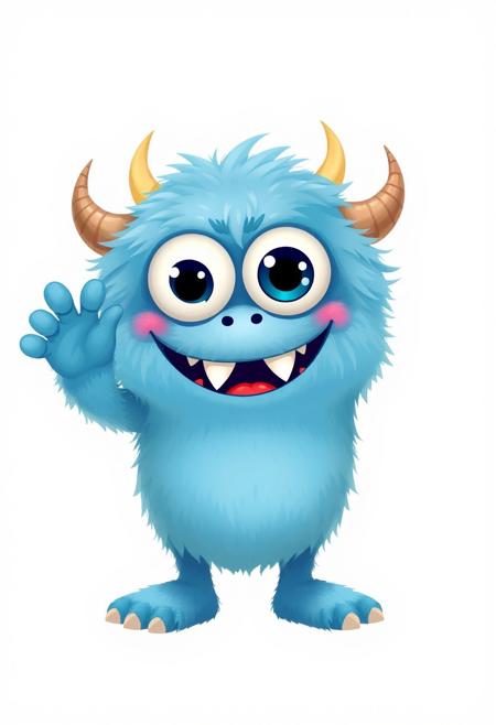 cute adorable, cute, fluffy, blue monster with large, round eyes, small horns, and a wide, toothy smile. The monster should have a friendly and playful appearance, standing on two legs and waving with one hand. The background should be plain white to make the character stand out prominently, creature with large, expressive eyes that capture a sense of wonder and curiosity. The creature's should be soft and illuminate , with shades of white that blend seamlessly with its dark surroundings.