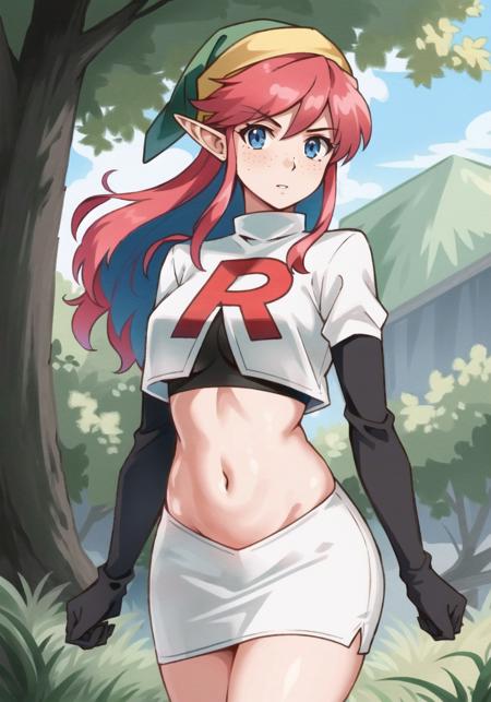 1girl, solo, outdoors, day, cowboy shot, looking at viewer, soft smile, parted lips, detailed, photorealistic, hyperrealistic, hdr, rim lighting, <lora:link(shounen-captain)-08:0.912>, link \(shounen captain\), (pink hair:1.3), link, the legend of zelda, genderswap \(mtf\), pointy ears, highres, long hair, (freckles), breasts, hat, <lora:team-rocket-uniform-08:1>, team rocket uniform, white jacket, white skirt, pencil skirt, midriff, navel, elbow gloves, black gloves,