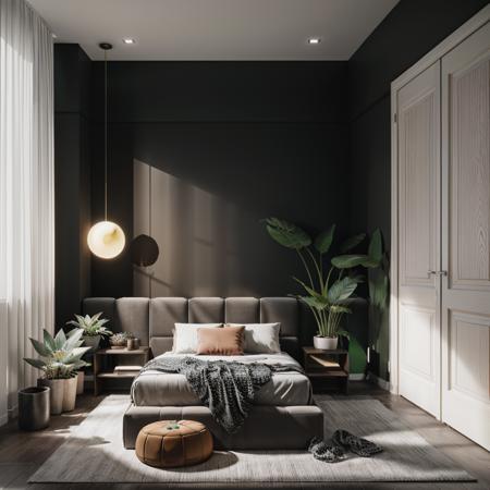 bedroom with large glass door, plants, tropical, simple, modern, (Minimalist:1.2), (tropical) soft light, lamp, (black wall), black tile floor, bedside table, large glass door, potted plant, main dark color, RAW photo, Masterpiece, high quality, best quality, ultra super realistic, super detailed, 8k high quality, detailed, colorful analog photo, masterpiece, photorealistic, vibrant color film, masterclass, heavy (film grain),  <lora:Loratrain:0.7>