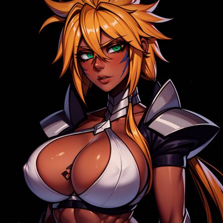 tier_harribel green eyes, blonde hair, long hair, spiked hair, dark skin, dark-skinned female, mask, armor, arrancar, tattoo, cleavage, midriff, abs