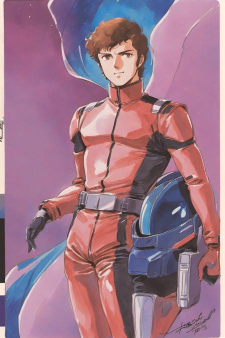 Amuro Ray, 1boy, helmet, male focus, brown hair, solo, retro artstyle, spacesuit, signature, pilot suit, science fiction, helmet removed, walking, gloves, 1980s (style), brown eyes, headwear removed, traditional media, watercolor \(medium\), <lora:Hiroyuki Kitazume _XL:0.8>