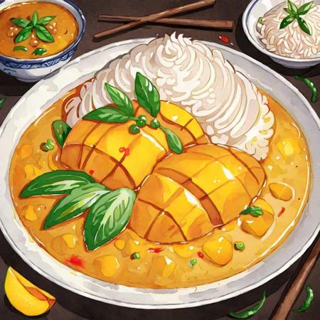 A vibrant, watercolor depiction of mango curry rice, showcasing a harmonious blend of colors. The curry is a rich golden hue, with chunks of bright orange mango adding a juicy contrast. The rice, steamed to perfection, is a soft, fluffy bed supporting the curry. The watercolor style brings out the fluidity and soft edges of the dish, with the colors bleeding slightly into each other, creating a delightful, appetizing effect. Hints of green herbs lightly garnish the top, adding a fresh element to the composition, <lora:waterdrawfd:0.85>