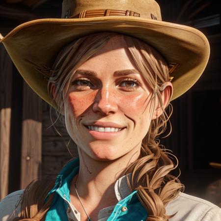 Sadie Adler, 4k, f/1.8, volumetric lighting, ((brown eyes)), smiling at the camera, wearing a ((cowboy hat)), wearing a white shirt, at the ranch <lora:Sadie Adler:1>