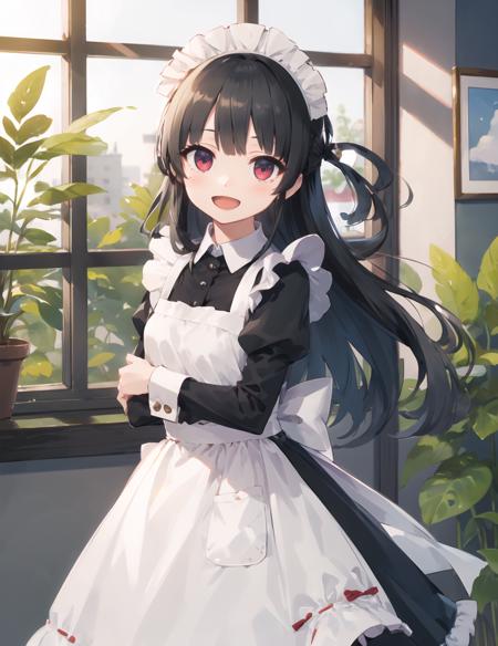 masterpiece,best quality,
hat,long hair,(maid,enmaided),
smile,looking at viewer,open mouth,
standing,
Medium shot,
indoors,window,plant,
<lora:86_locon_5.5-000009:0.7>