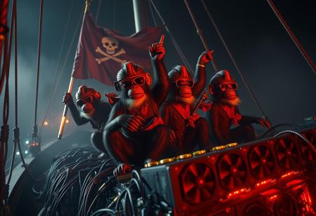 Zoomed in closeup, Hazey cinematic atmosphere, documentary action film, 3d CGI sci-fi movie, hyperrealistic, fullhd, night, nighttime, dark,  Pirate Monkeys wearing sunglasses and bandanas are celebrating a successful raid, thieves, on a boat, ship, pirate ship, pirate flags, pirate flag with monkey head and sabers, server equipment with many cables and wires, server racks, red lights, the monkeys are sitting on dancing in celebration on burning hardware trash, large graphics cards with many big cooling fans, goldcoins, treasure