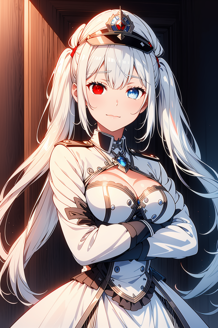 ,white queen, clock eyes, white hair, bangs, low twintails, (right red eyes:1.2), (left blue eyes:1.2), heterochromia, (small breast:1.2), white military dress, white admiral's cap, white gloves, heeled boots, long white hair, tied, symmetrical twintails, ((crossed arms)),