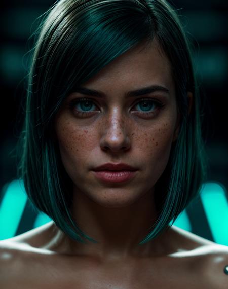 cinematic film still realistic, photorealistic, award winning photo , Eye Level Shot (means looking directly in front of a person),  realistic photo, 1girl female star ship technician, holding futuristic repair equipment, teal hair, red eyes, tall, beautiful face, freckles, wrinkled skin, . shallow depth of field, vignette, highly detailed, high budget Hollywood movie, bokeh, cinemascope, moody, epic, gorgeous, film grain, grainy