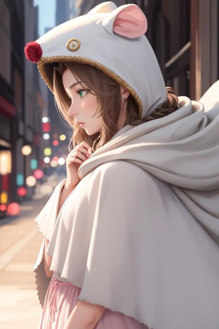 masterpiece, best quality, aerith gainsborough, animal hood, white cloak, pink dress, mooglesuit  <lora:mooglesuit-nvwls-v1:1> <lora:aerith-nvwls-v1-final:0.8>