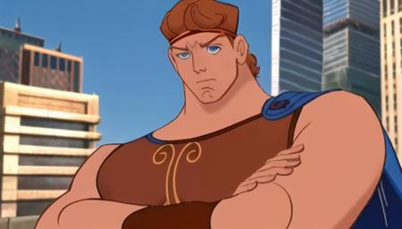 1boy, abs, bara, blue eyes, brown T-shirt, brown armour, closed mouth, crossed arms, large pectorals, male focus, muscular, muscular male, pectoral lift, pectorals, blue cape, short hair, outdoors, skyscrapers, solo, upper body , ((masterpiece))  <lora:HerVn_Disney_1997-10:1>