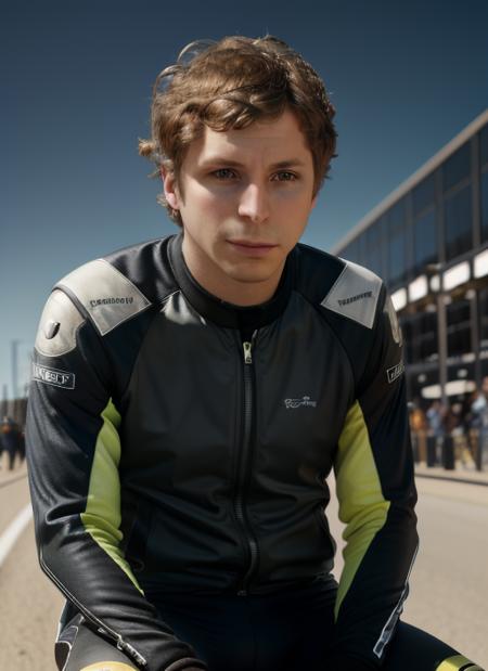 mc1, man, one man, man in Biker Racing Suit, Racing Helmet, Padded Racing Pants, Racing Boots, Racing Gloves, photorealistic painting,  portrait, stunningly attractive(extremely detailed 8k wallpaper), highly detailed face, intricate, 8k, highly detailed, volumetric lighting, digital painting, intense, sharp focus, art by artgerm and rutkowski and alphonse mucha, cgsociety,  vibrant, dynamic atmosphere, photorealistic,
 <lora:MichaelCera:1>