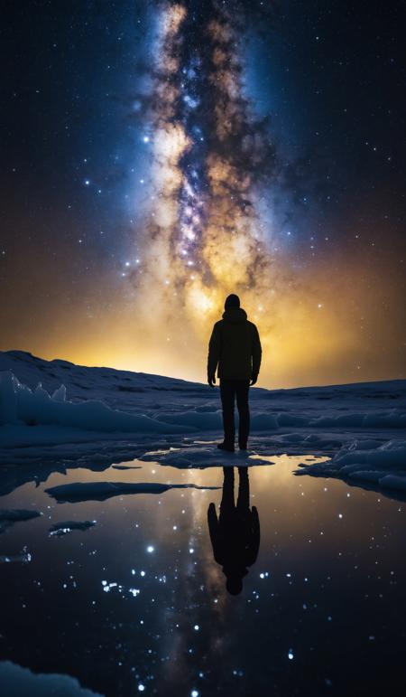 Milky Way. Night sky with stars and silhouette of a standing happy man with yellow light. Space background, (sharp focus:1.2), extremely detailed, (photorealistic:1.4), (RAW image, 8k high resolution:1.2), RAW candid cinema, 16mm, color graded Portra 400 film, ultra realistic, subsurface scattering, ray tracing, (volumetric lighting), extreme contrast, intricate details, reflections on ice, reflections on water, water pouring down