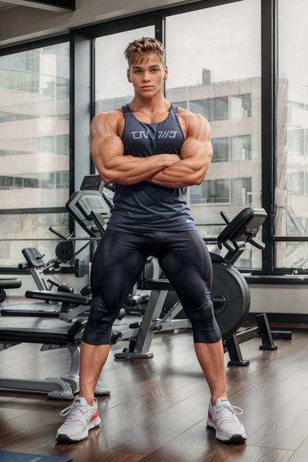 gym, modern style, large windows, weight room, LarsNorgaard, sexytrainer, tank top, leggings, sneakers, (arms folded), (looking at viewer), masterpiece, (((full body portrait))), wide angle,  <lora:LarsNorgaard:0.8>   <lora:Clothing - Sexy Personal Trainer:0.7>