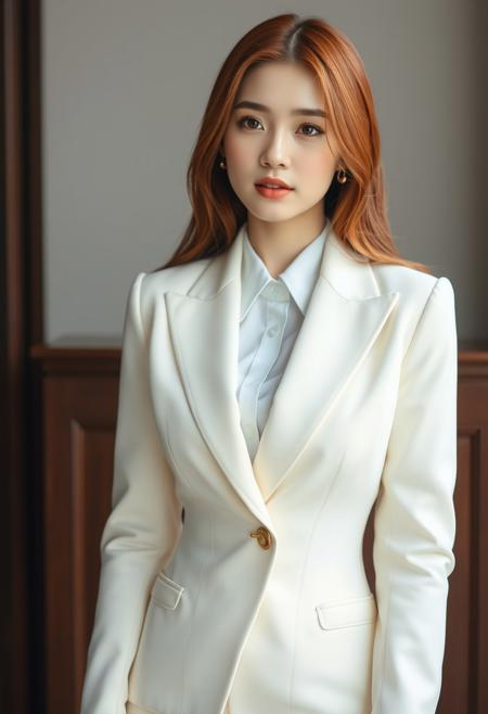 arafed woman with long hair wearing a white jacket and gold buttons, korean women's fashion model, fan bingbing, li bingbing, elegant slim beige shirt, wearing a white blouse, smooth white tight clothes suit, thin lustrous long auburn hair, female actress from korea, portrait of female korean idol, white blouse, gorgeous young korean woman, song hye - kyo