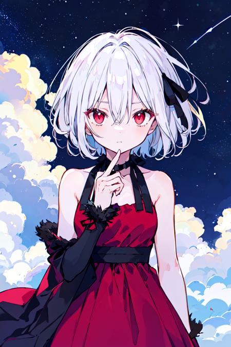 <lora:Onineko:0.8>1girl, solo, dress, feathers, sky, red eyes, red dress, sleeveless dress, outdoors, hair between eyes, bangs, sleeveless, ribbon, night, night sky, short hair, bare shoulders, star (sky), cloud, starry sky, closed mouth, hand up, white hair, looking at viewer, black ribbon