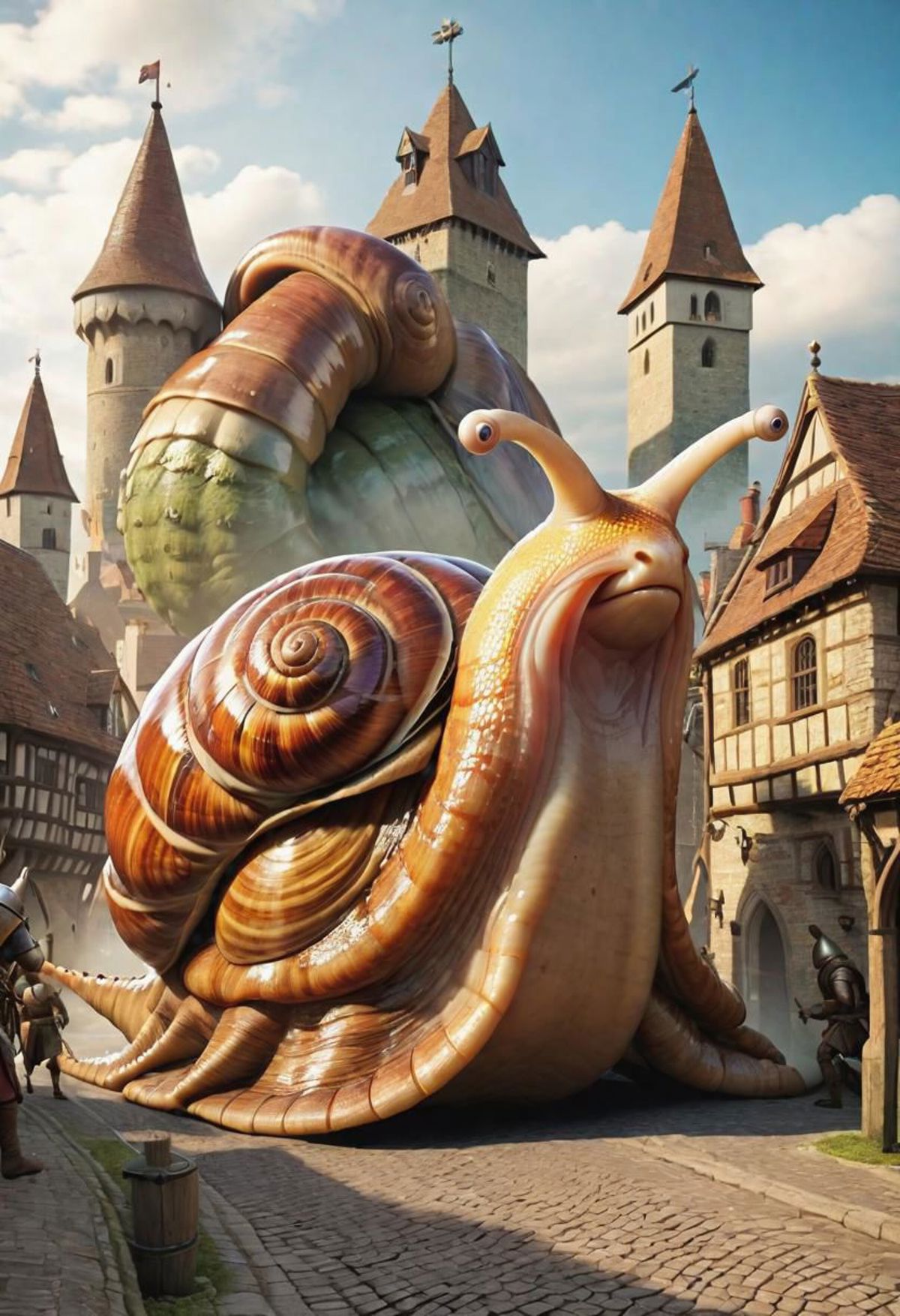 A large, colorful, cartoon-like snail is walking down a street in a medieval town.