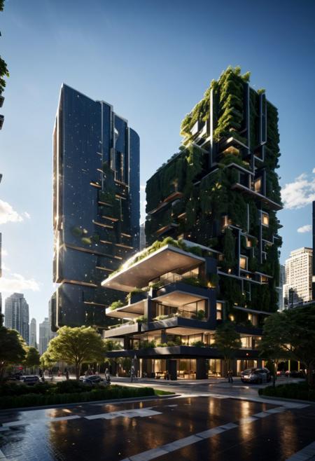 (((Modern style architecture, housing, luxury residence))),
outdoors, sky, tree, blue sky, no humans, ground vehicle, building, scenery, reflection, city, cityscape, bare tree, skyscraper, real world location,
(Large Files, Ultra Realistic, 8K, 16k, FHD, HD, VFX, Perfect, Photography, composition, Architecture Sales Photography, Architecture Competition, Ultra High Resolution, Cinematography, High Resolution Image:1.1), (dramatic lighting, direct sunlight, ray tracing, clear shadow:1.2), (real landscape:1.1), (blurred background:1.0), (urban background, more_details)  
(avant-garde, future, reality, science fiction, photorealistic), (modern architecture:1.2), White limestone with black granite, fountain, waterfall, landmark, square, path, narrow street,
(Large Files, Ultra Realistic, 8K, 16k, FHD, HD, VFX, Perfect, Photography, composition, Architecture Sales Photography, Architecture Competition, Ultra High Resolution, Cinematography, High Resolution Image:1.1), (dramatic lighting, direct sunlight, ray tracing, clear shadow:1.2),  (real landscape:1.1), (blurred background:1.0), (urban background, more_details) ,
great lighting, extremely detailed, clear, SteamPunk, futuresurban