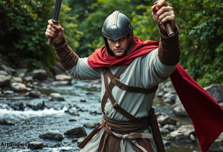 Ultra-realistic cinematic photograph of a male in detailed epic fantasy cosplay, featuring a metallic helmet with a closed visor, white and brown tunic, and a striking red cloak draped over their shoulders. The cosplayer is captured in a dynamic action pose, holding two swords aloft, one in each hand, ready for immediate combat. The setting is a natural environment with a rocky stream in the foreground and lush, vibrant greenery surrounding, creating a medieval ambiance. Emphasize Lifelike Details, Super Detailed Face and Eyes and Clothes, capturing the intricate textures and materials. High-res, 4K, Exceptional Quality, High Quality, Octane Render, Unreal Engine 5 lighting, Captivating Lighting, Well-timed Moment, Intentional Focus, Balanced Editing, conveying a powerful sense of readiness and adventure. Trending on ArtstationHQ for photorealism.