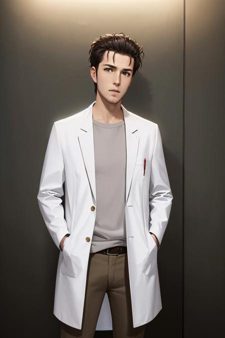 (masterpiece, best quality:1.2), solo, male focus, 1boy, okabe rintaro, expressionless, closed mouth, looking at viewer, hands in pockets, labcoat, shirt, brown pants <lora:steinsgate_okabe:0.8>