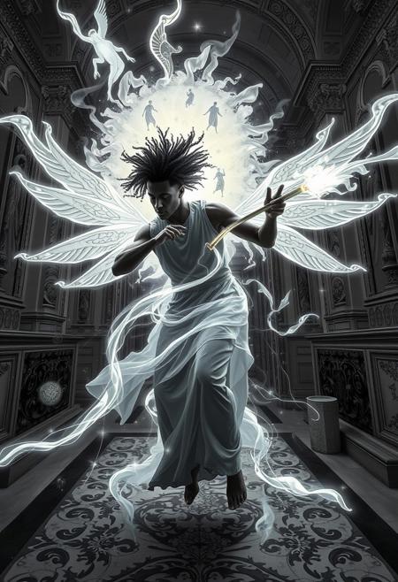 A long-exposure photograph depicting a person of color battling in an ethereal, spiritual setting. The image emphasizes surrealism, classical motifs, and whimsical illustrations, utilizing monochromatic tones with pops of color and light trails to create a mystical atmosphere. Architectural elements and intricate patterns add to the dreamlike quality.