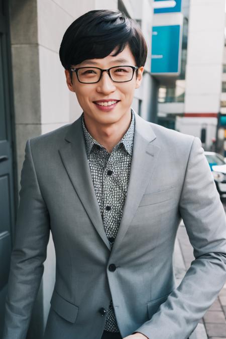 1boy ,smile, solo,upper body , outdoors, glasses,  <lora:Celebrity-yu_jaeseok_v1:0.8>, jaeseok, indoor, suit,
masterpiece, high quality, highres, realistic,