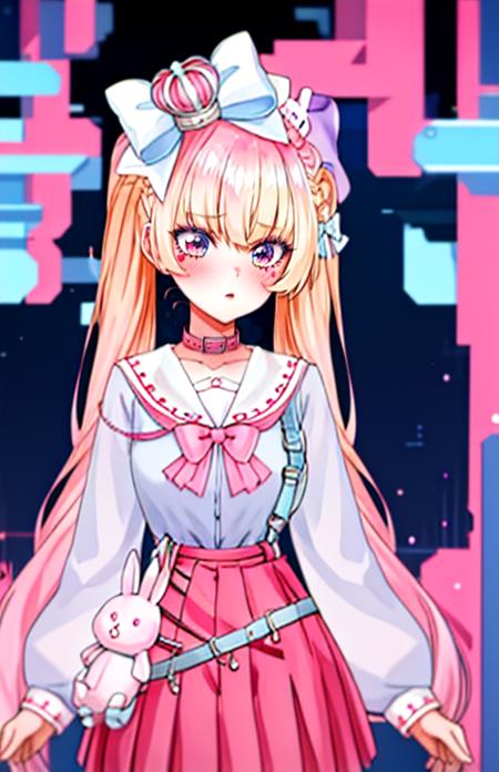 ,lina vermillion, long hair, bangs, skirt, blonde hair, bow, twintails, very long hair, , pink hair, braid, hair bow, heart, multicolored hair,  gradient hair, white bow, pink bow, sneakers,  rabbit hair ornament, heart choker, 