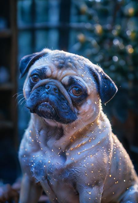 pug, glowing skin,close-up,<lora:pamcocomat:1>,pamcocomat,side lighting,depth of field,bokeh,color graded portra 400 film,vibrant color,