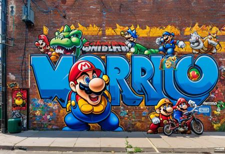Centered, Ed Roth artist, a vibrant mural painted on a brick wall in an urban setting. The foreground is dominated by a large, stylized portrait of a Mario Versus Bowser, rendered in bold, multicolored lines and shapes. The background features other graffiti art, including various tags and other less defined images on the weathered brick wall. There are also other markings and posters on the wall to the left of the main image. The setting appears to be a street scene, judging by the sidewalk at the bottom of the image, nintendo logo at bottom